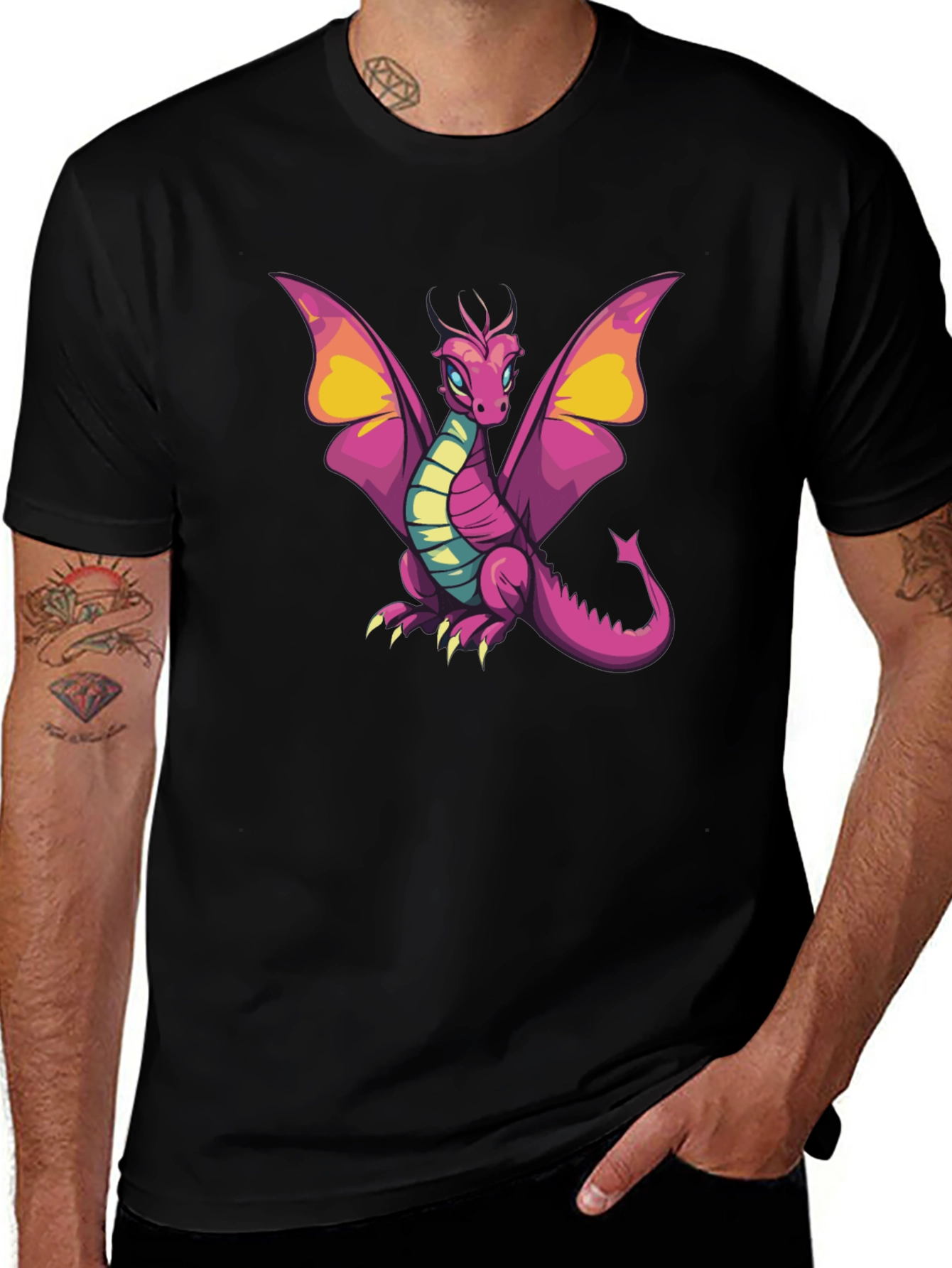 Cartoon Dragon Graphic T-Shirt - Black