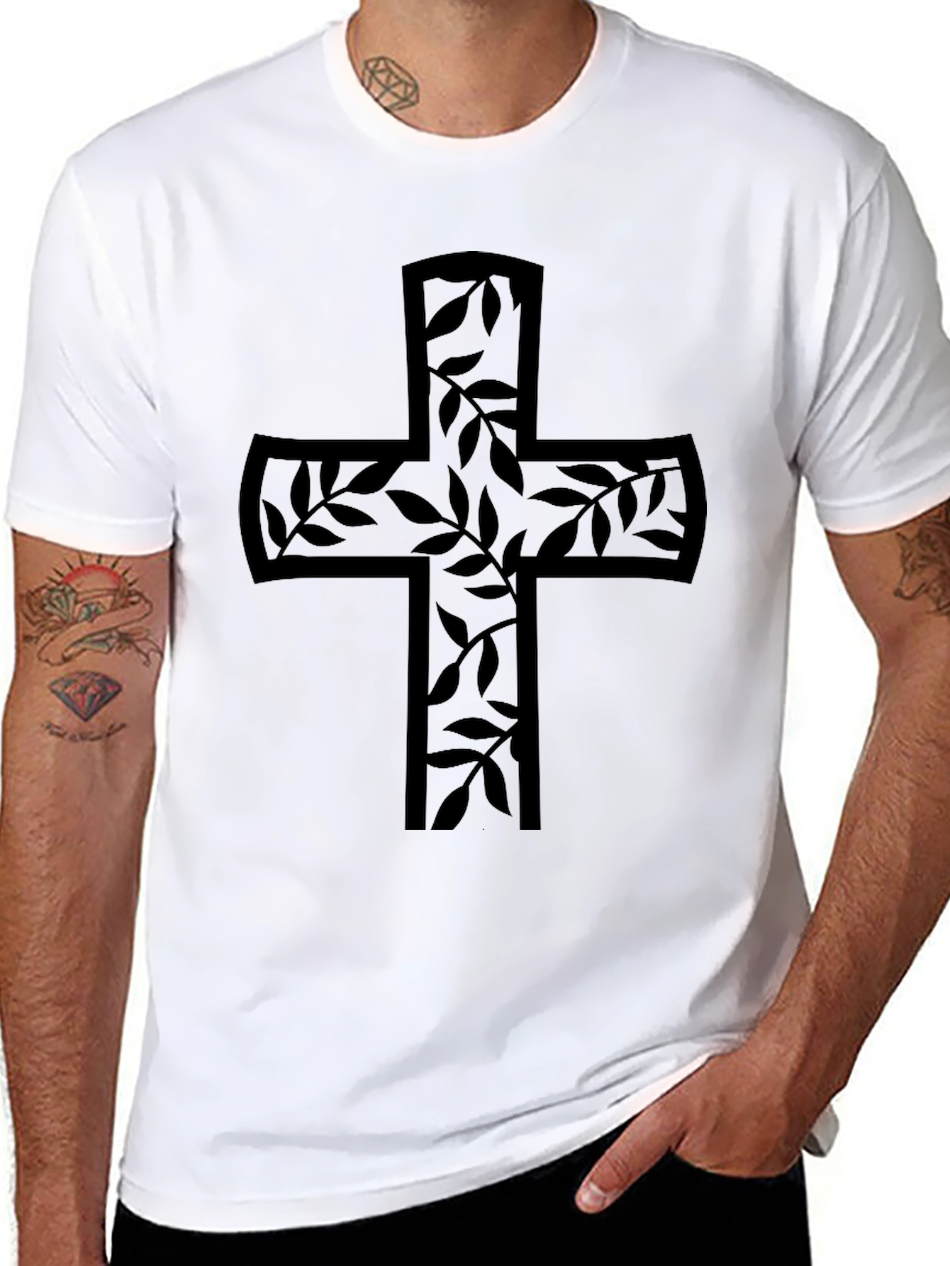 Floral Cross Graphic Black T-Shirt