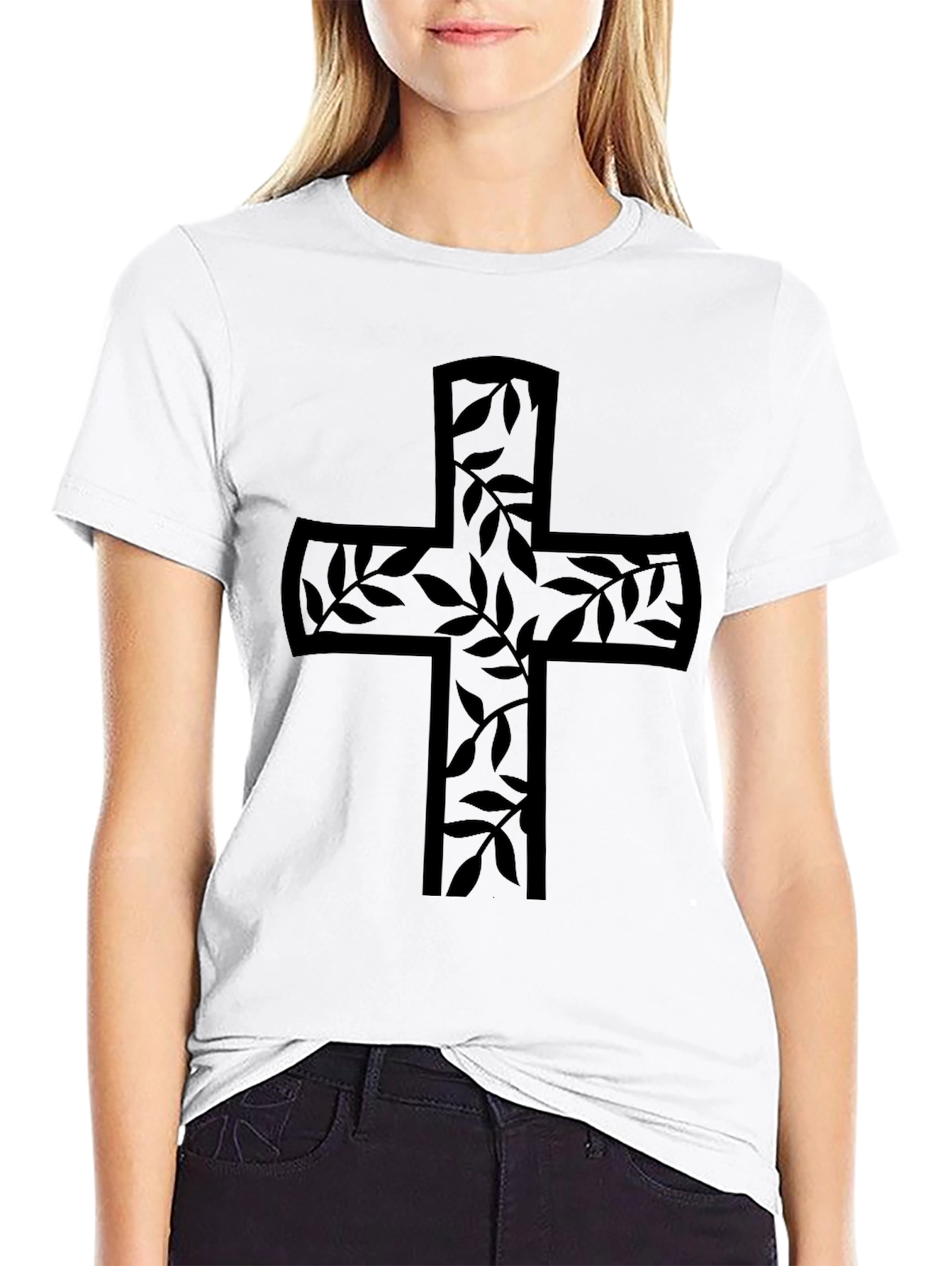 Floral Cross Graphic Black T-Shirt