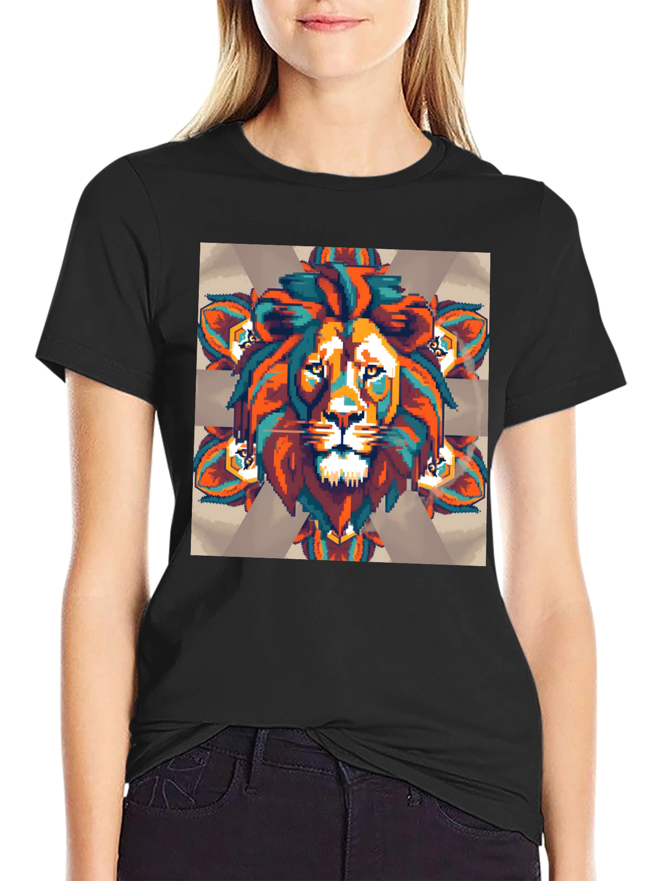 Pixel Lion Graphic Tee - Black Cotton Blend