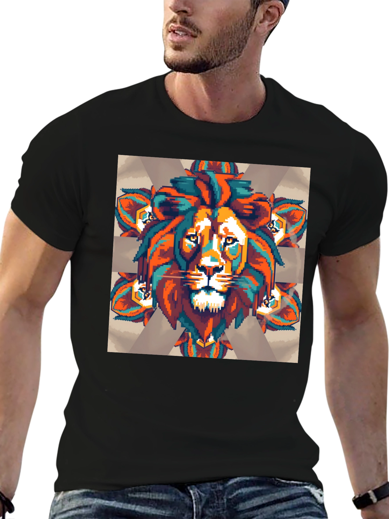 Pixel Lion Graphic Tee - Black Cotton Blend