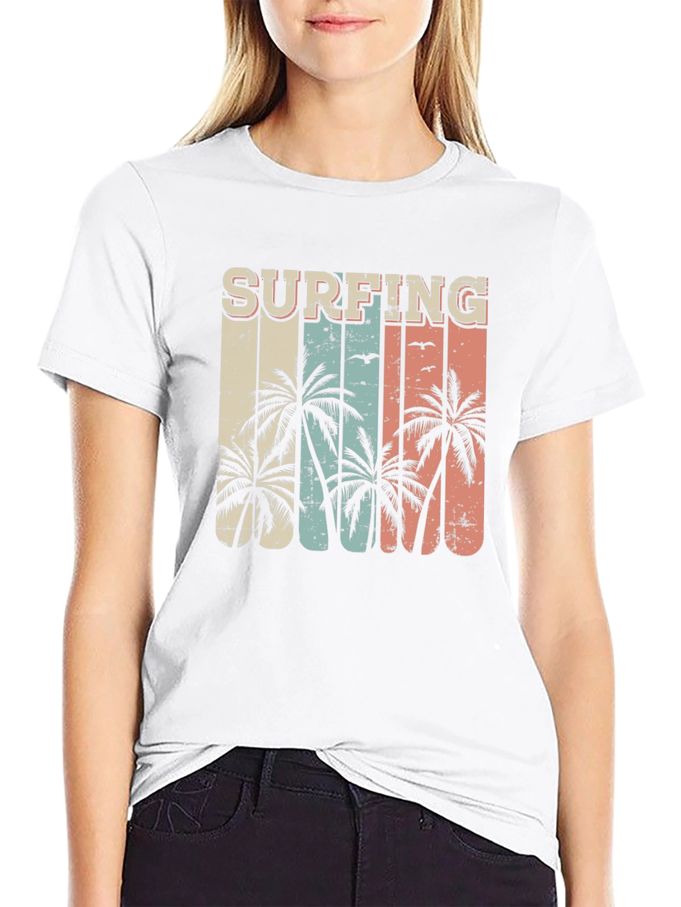 Surfing Palm Tree Graphic Tee - Retro Style
