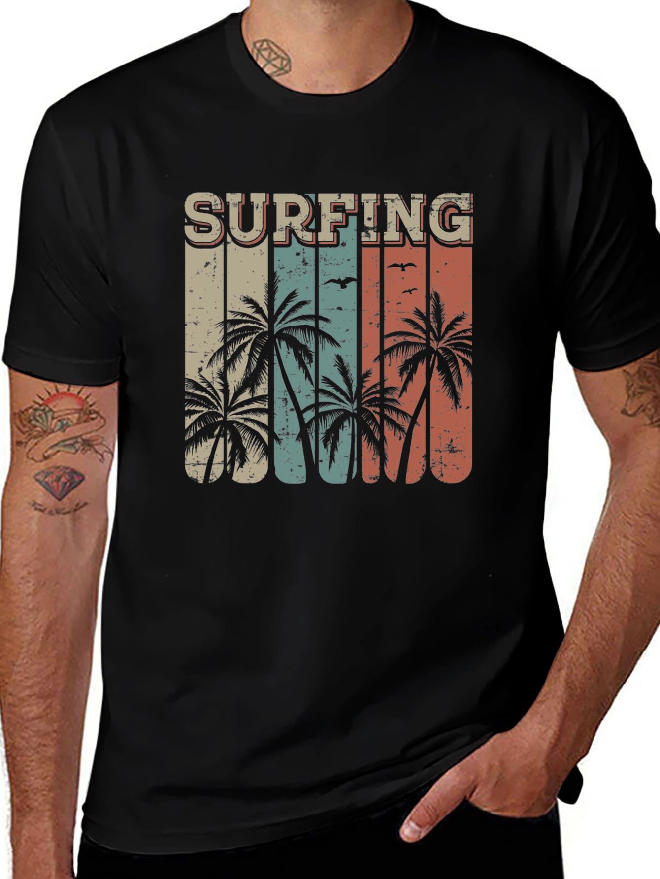 Surfing Palm Tree Graphic Tee - Retro Style