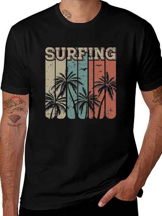 Surfing Palm Tree Graphic Tee - Retro Style