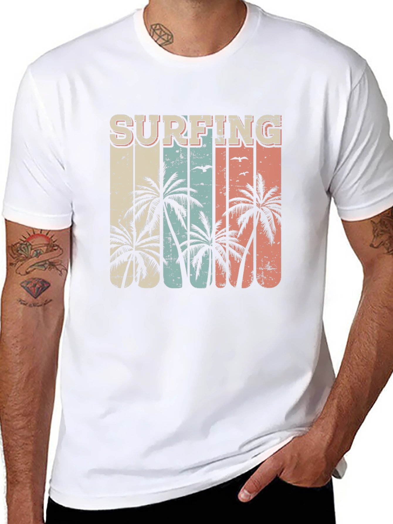 Surfing Palm Tree Graphic Tee - Retro Style