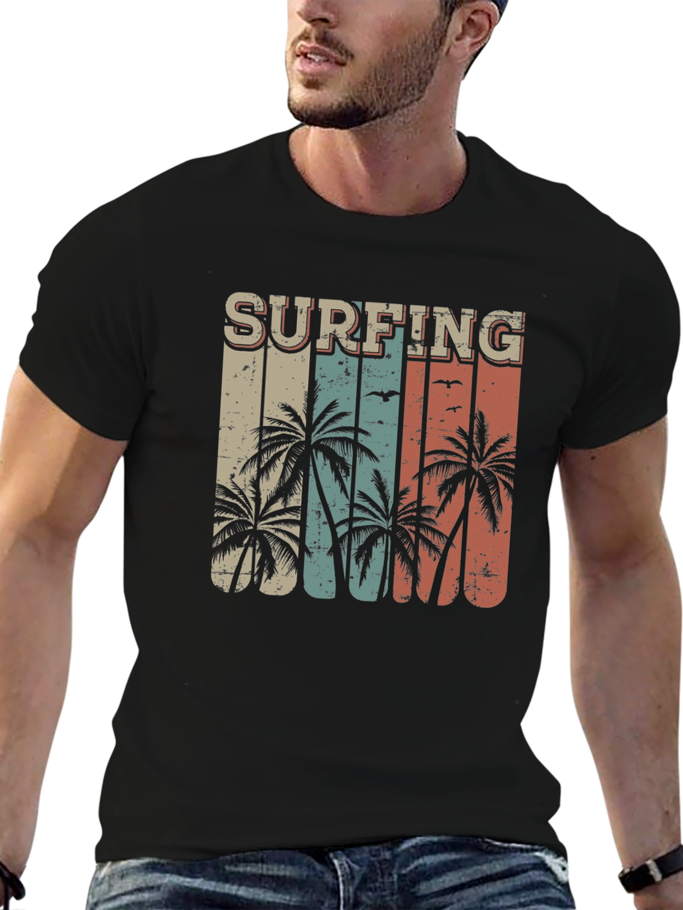 Surfing Palm Tree Graphic Tee - Retro Style