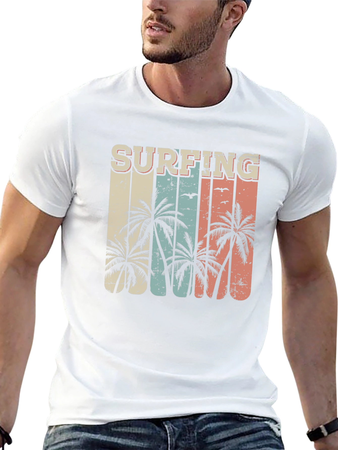 Surfing Palm Tree Graphic Tee - Retro Style