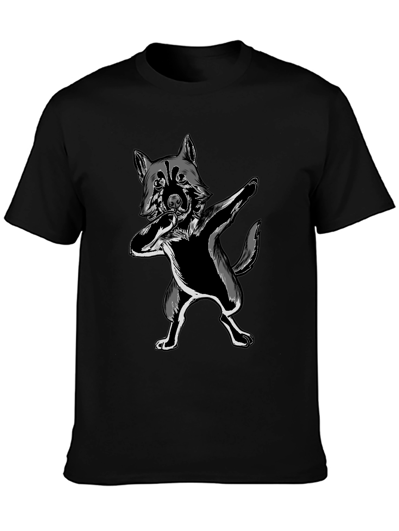 Dabbing Wolf Graphic Tee - Black Crew Neck Shirt