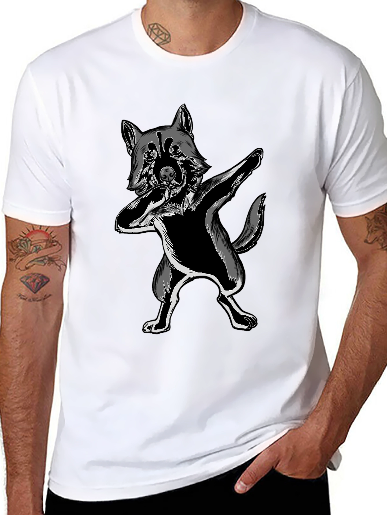Dabbing Wolf Graphic Tee - Black Crew Neck Shirt