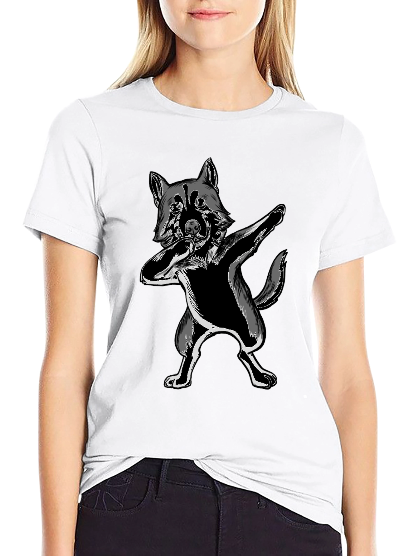 Dabbing Wolf Graphic Tee - Black Crew Neck Shirt