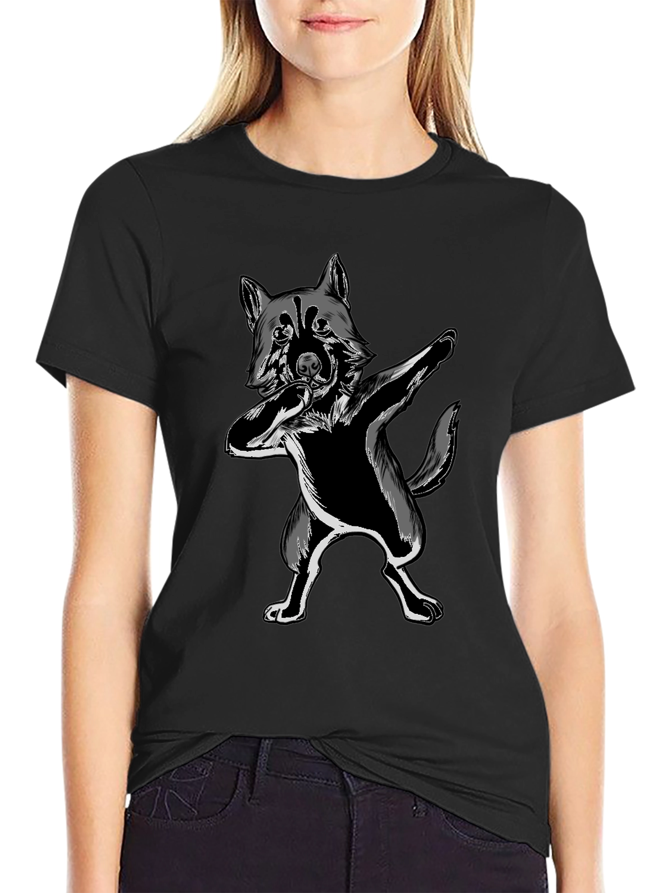 Dabbing Wolf Graphic Tee - Black Crew Neck Shirt