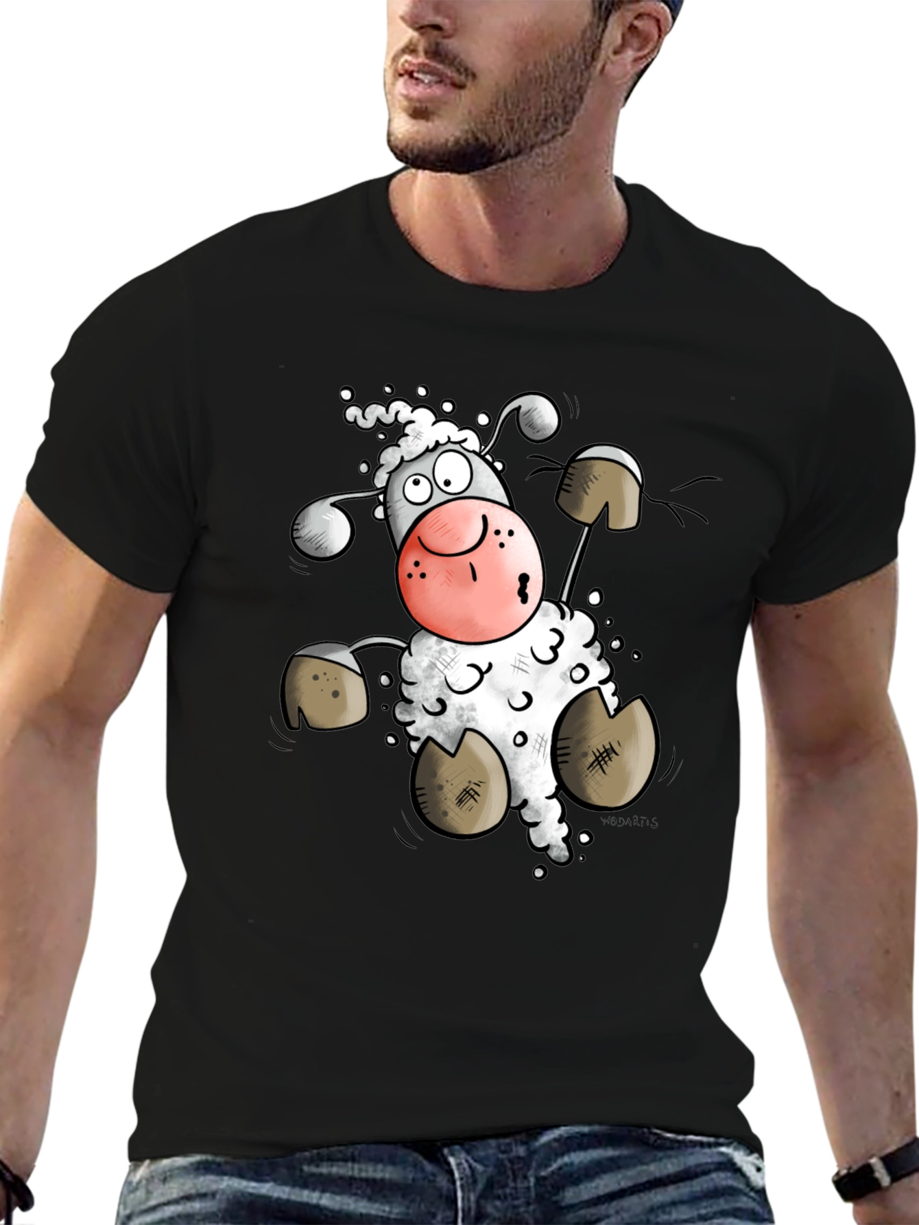 Cartoon Sheep Graphic Tee - Black