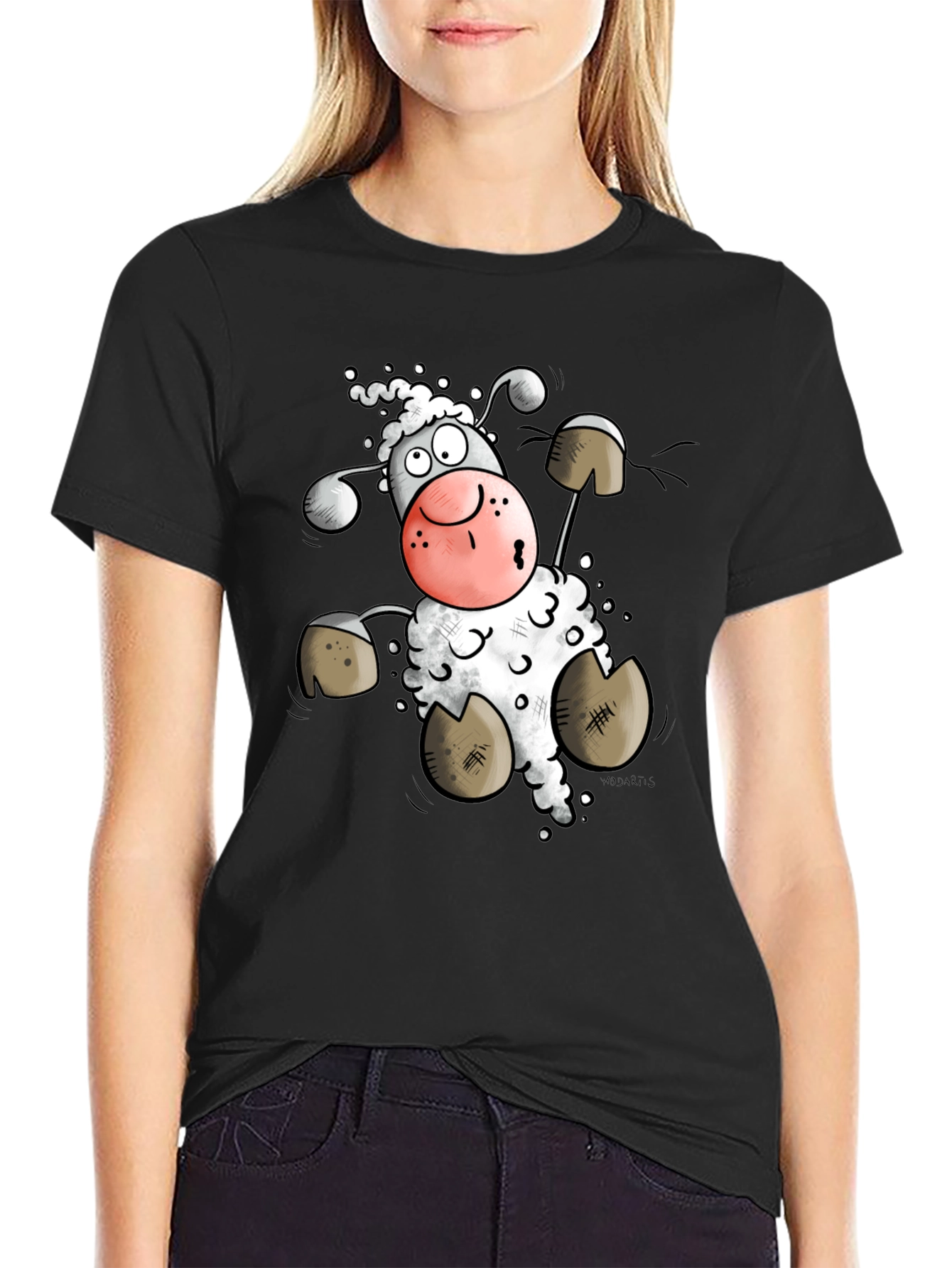 Cartoon Sheep Graphic Tee - Black