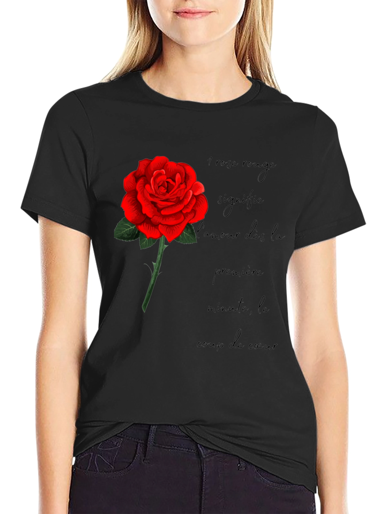 Red Rose Love Graphic Black T-Shirt