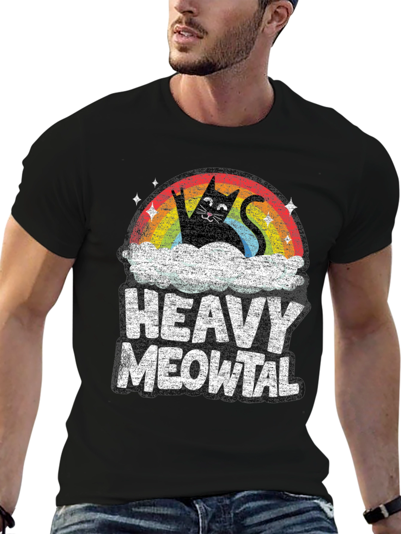 Heavy Meowtal T-Shirt Rocker Cat Rainbow