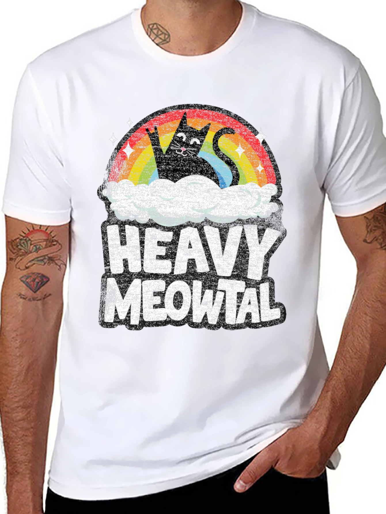 Heavy Meowtal T-Shirt Rocker Cat Rainbow