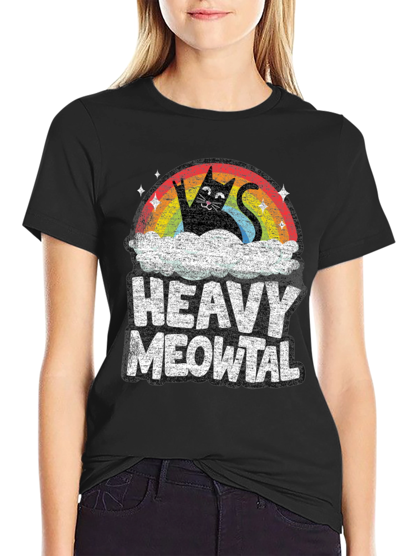 Heavy Meowtal T-Shirt Rocker Cat Rainbow