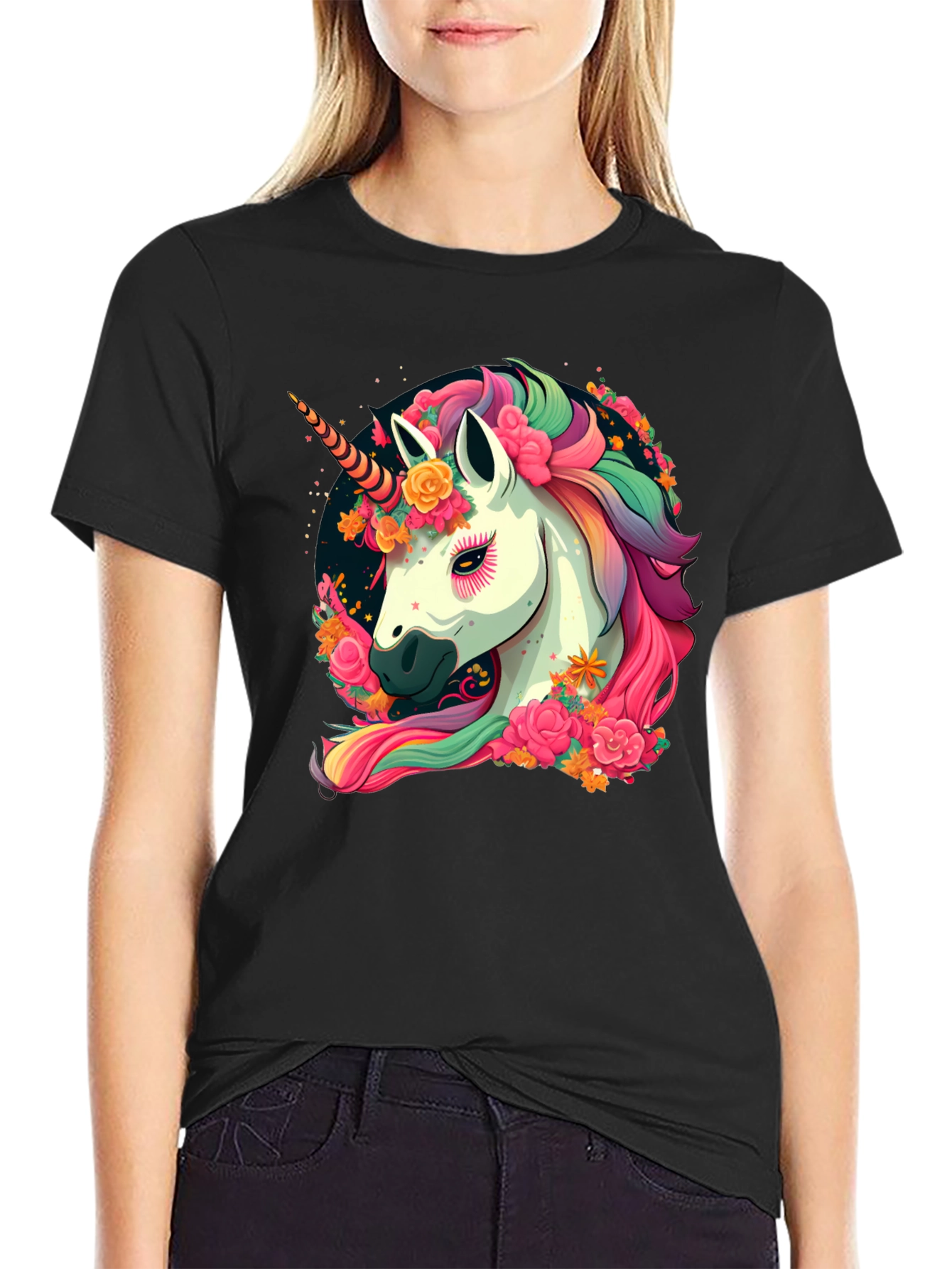 Unicorn Floral Black T-Shirt