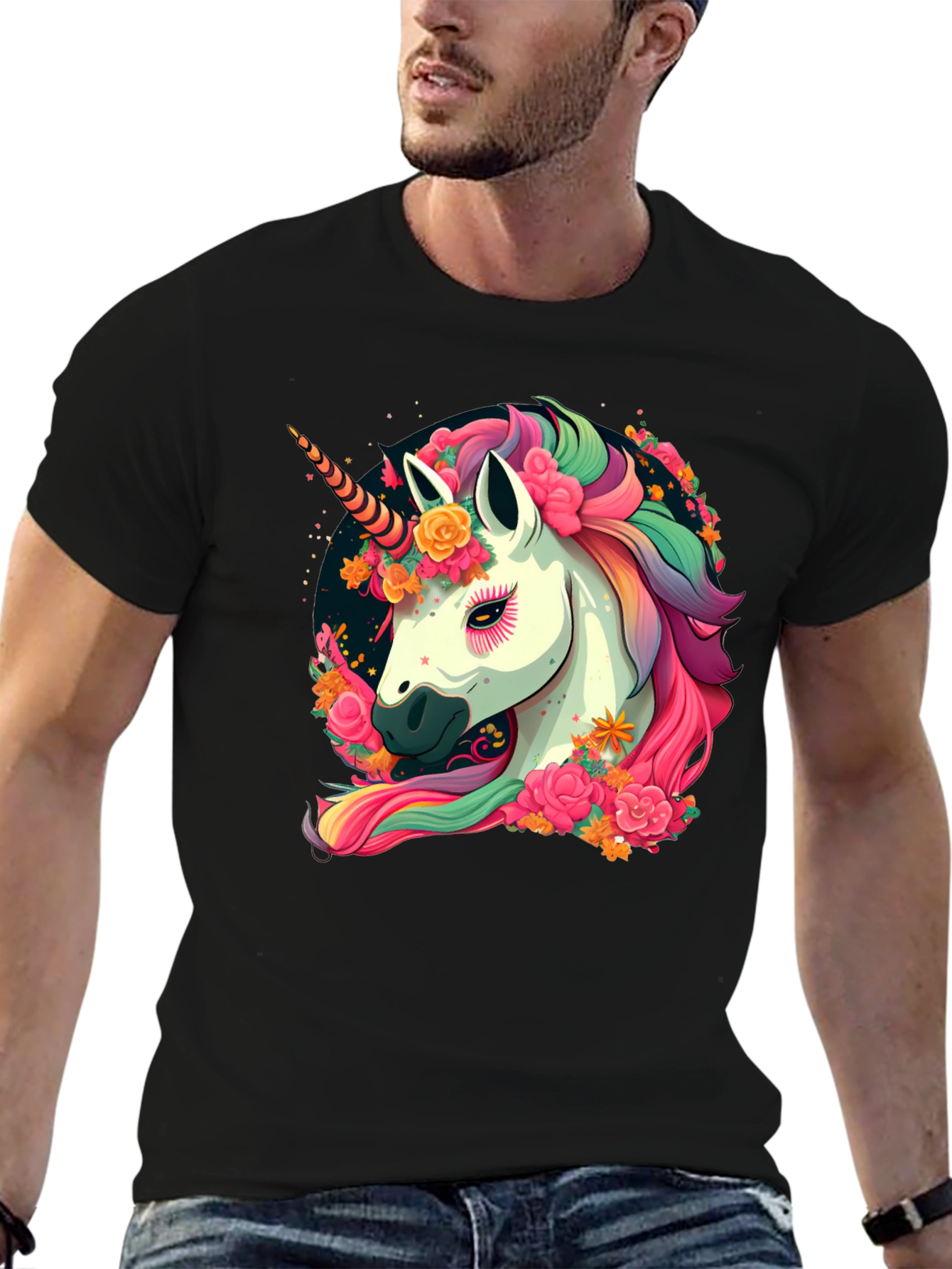 Unicorn Floral Black T-Shirt
