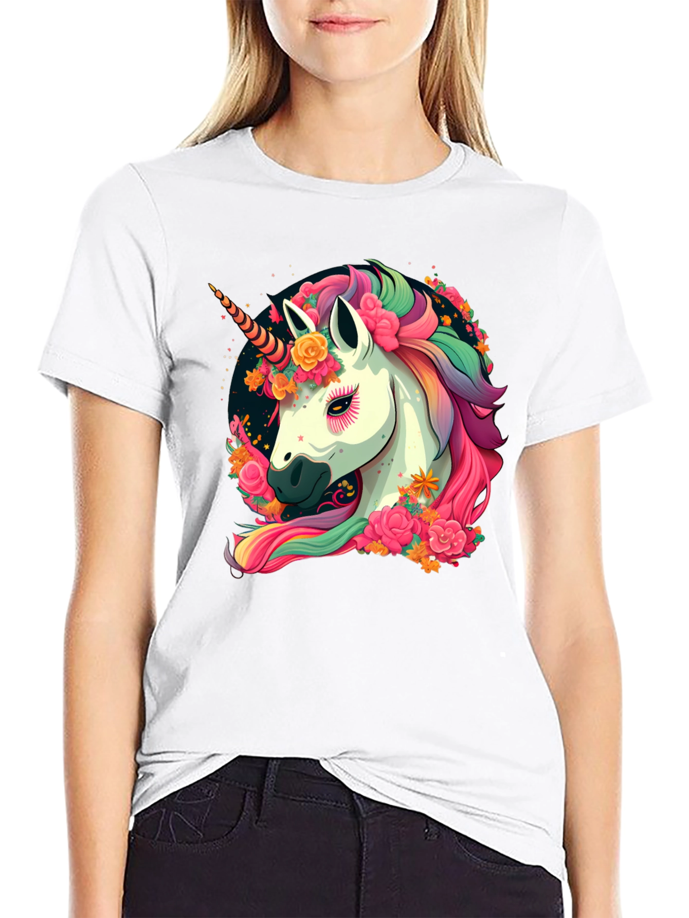 Unicorn Floral Black T-Shirt