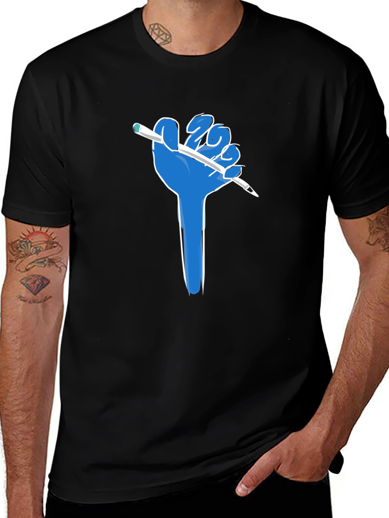 Creative Blue Hand Holding Pen Black T-Shirt