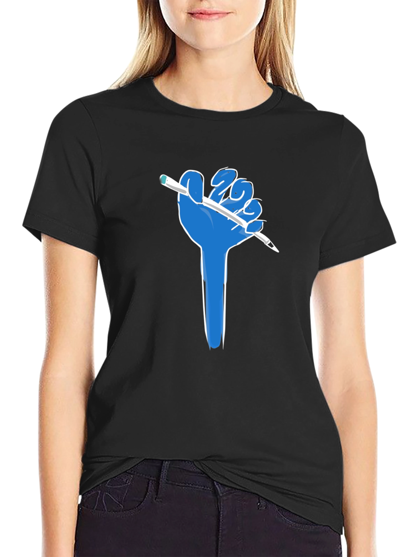 Creative Blue Hand Holding Pen Black T-Shirt