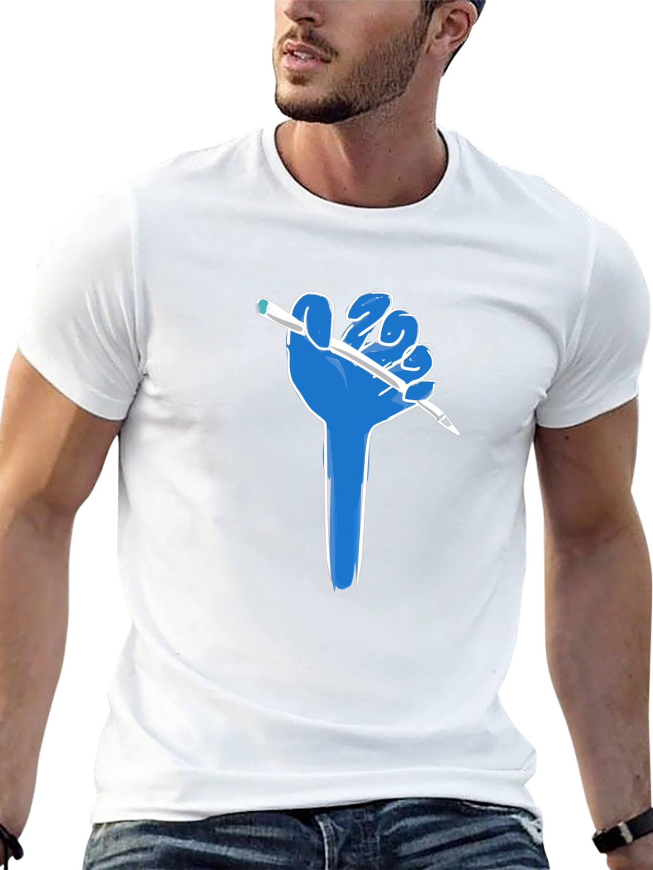 Creative Blue Hand Holding Pen Black T-Shirt