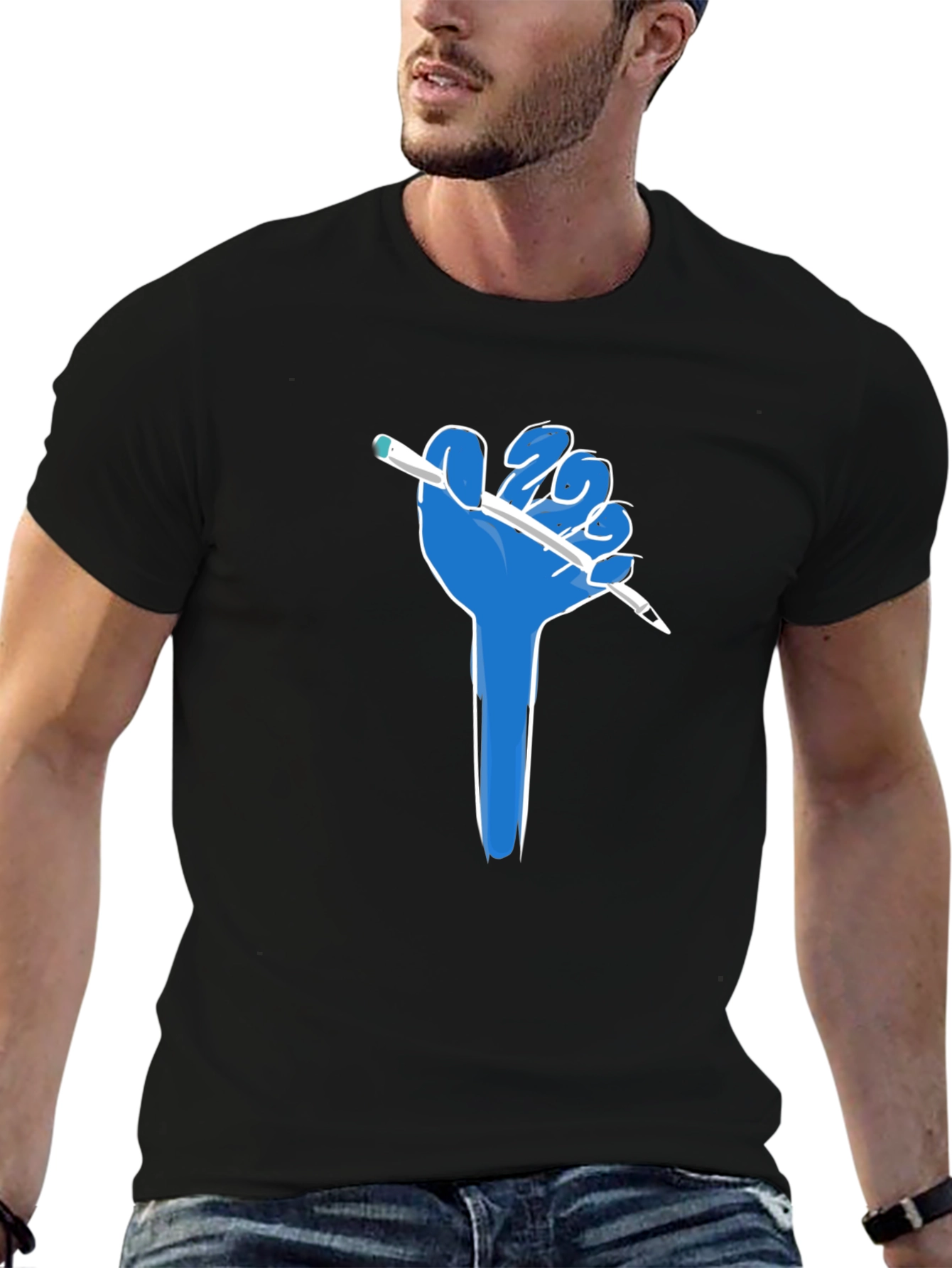 Creative Blue Hand Holding Pen Black T-Shirt