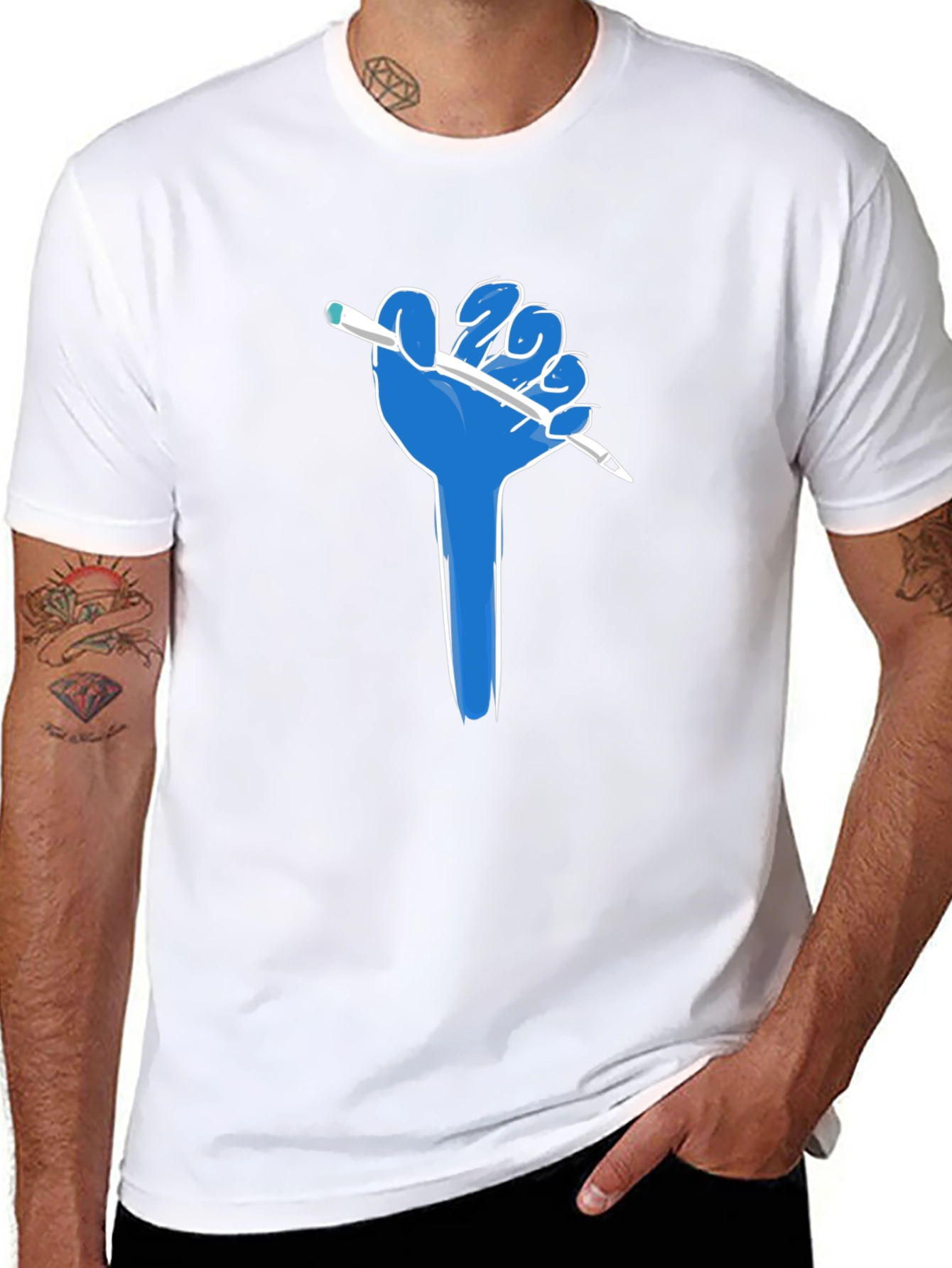 Creative Blue Hand Holding Pen Black T-Shirt