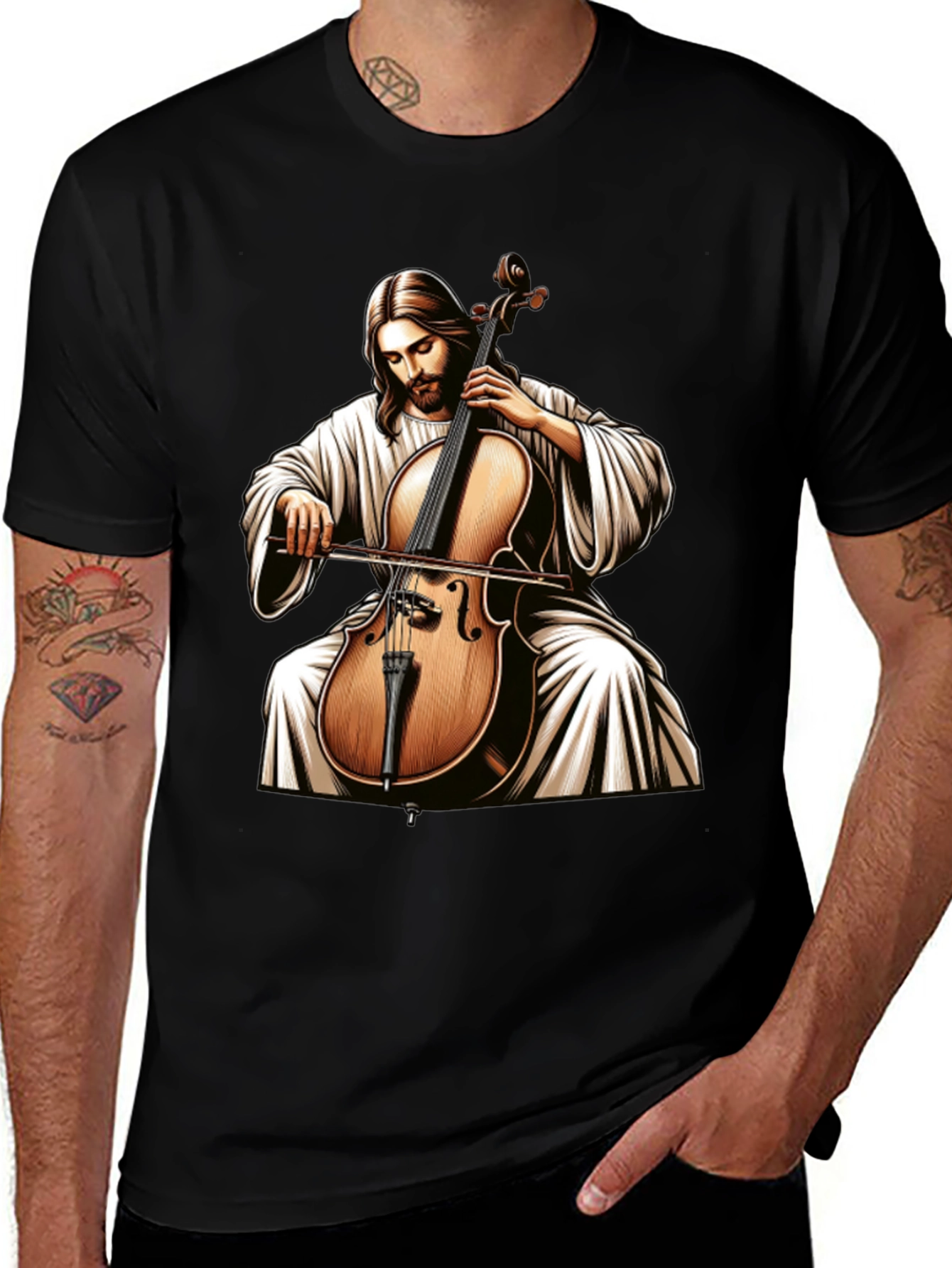 Jesus Playing Cello Black T-Shirt