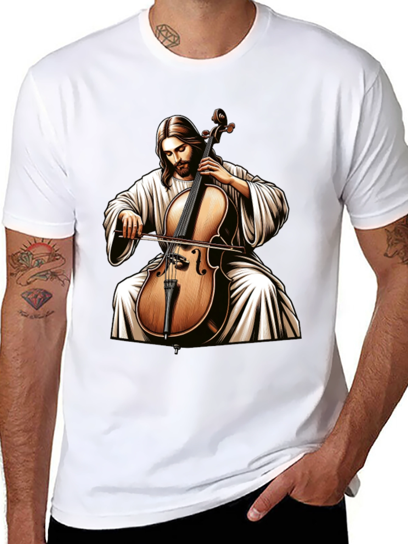 Jesus Playing Cello Black T-Shirt