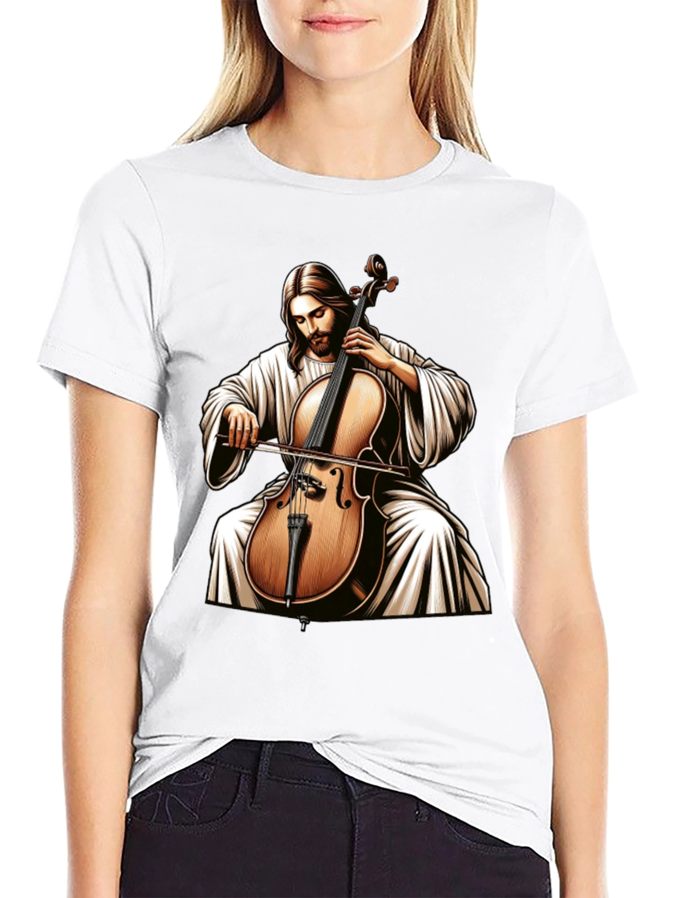 Jesus Playing Cello Black T-Shirt