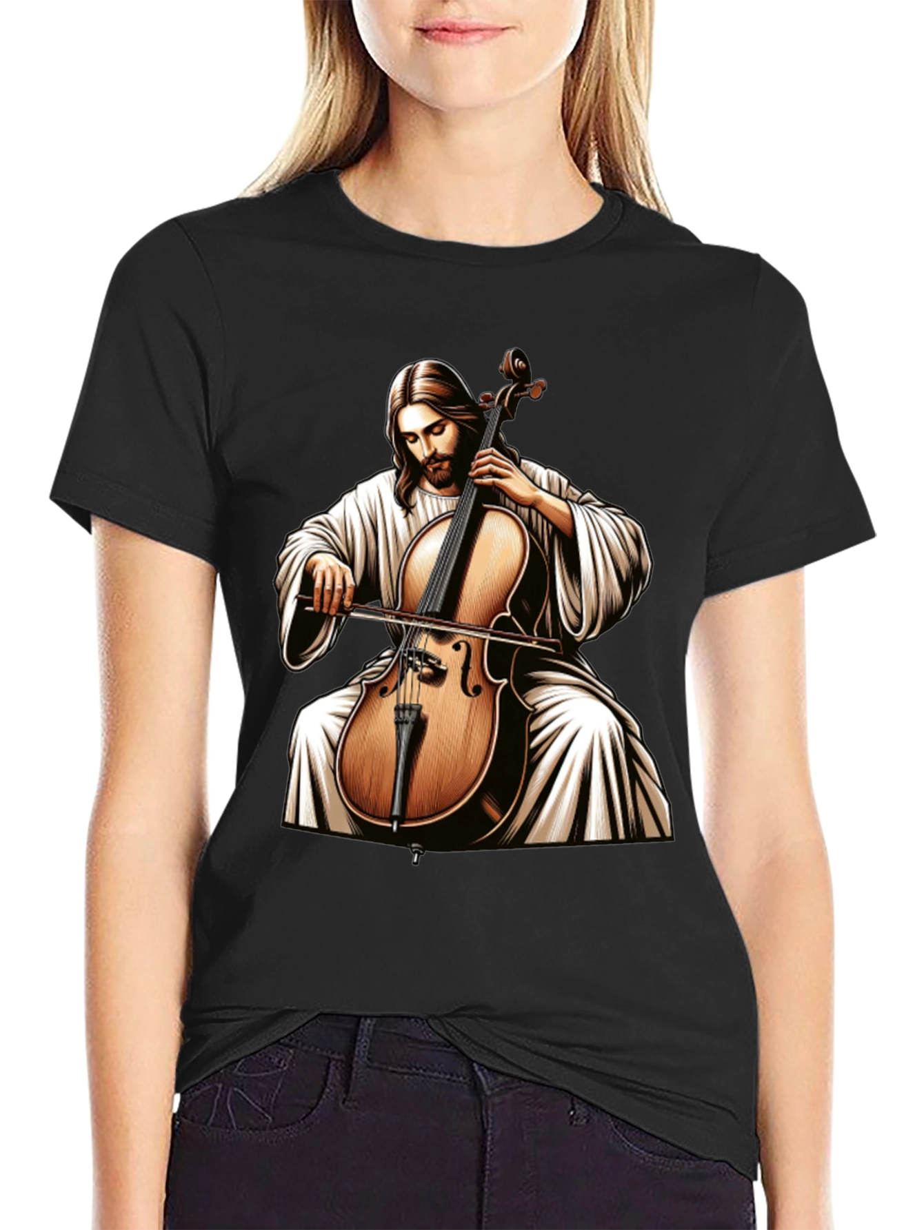 Jesus Playing Cello Black T-Shirt