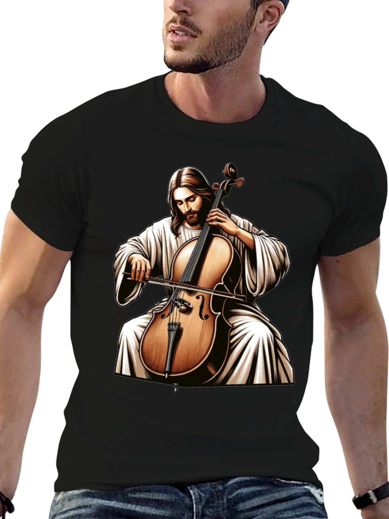 Jesus Playing Cello Black T-Shirt