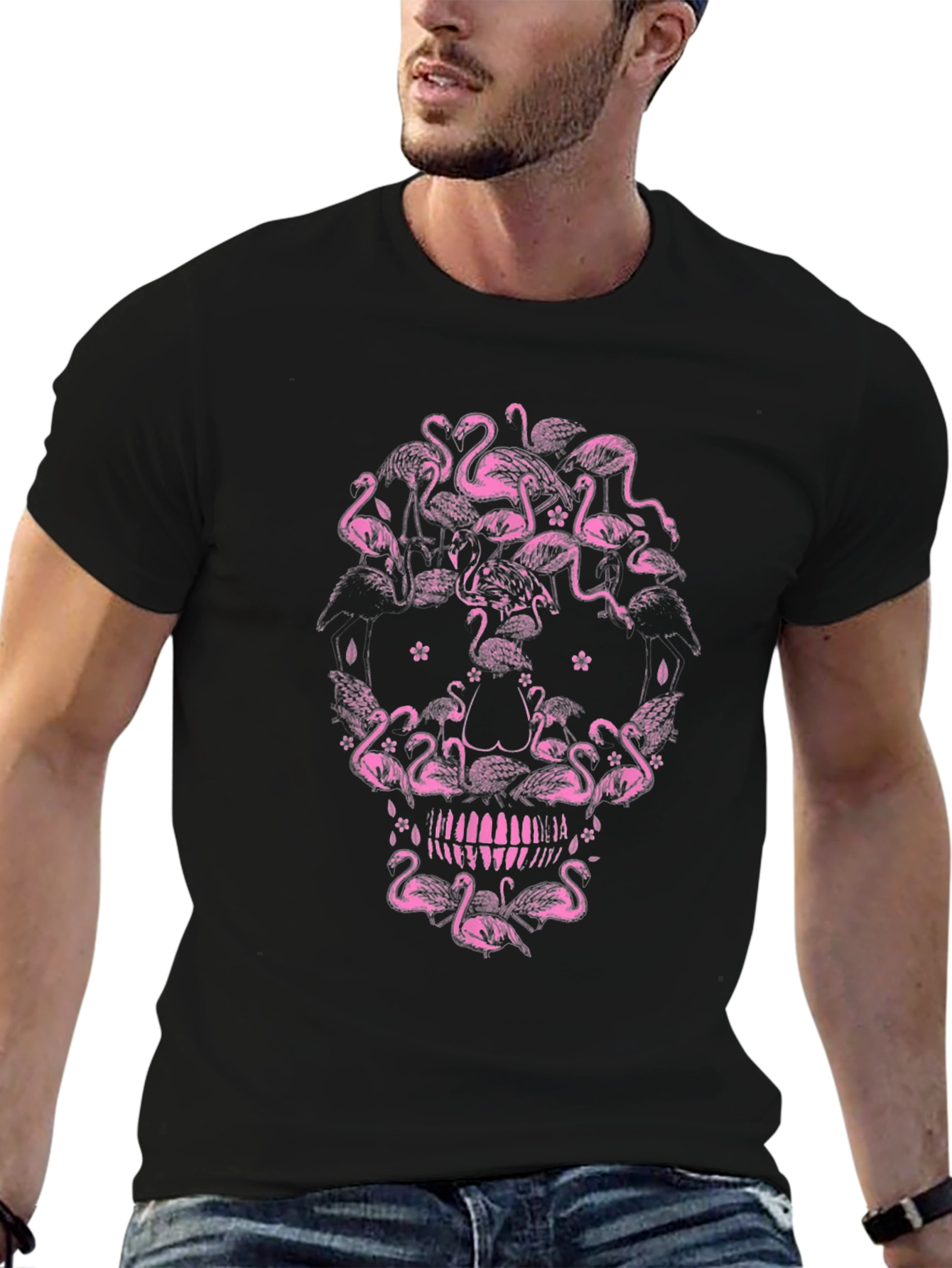 Flamingo Skull Graphic Tee - Unique Pink Design