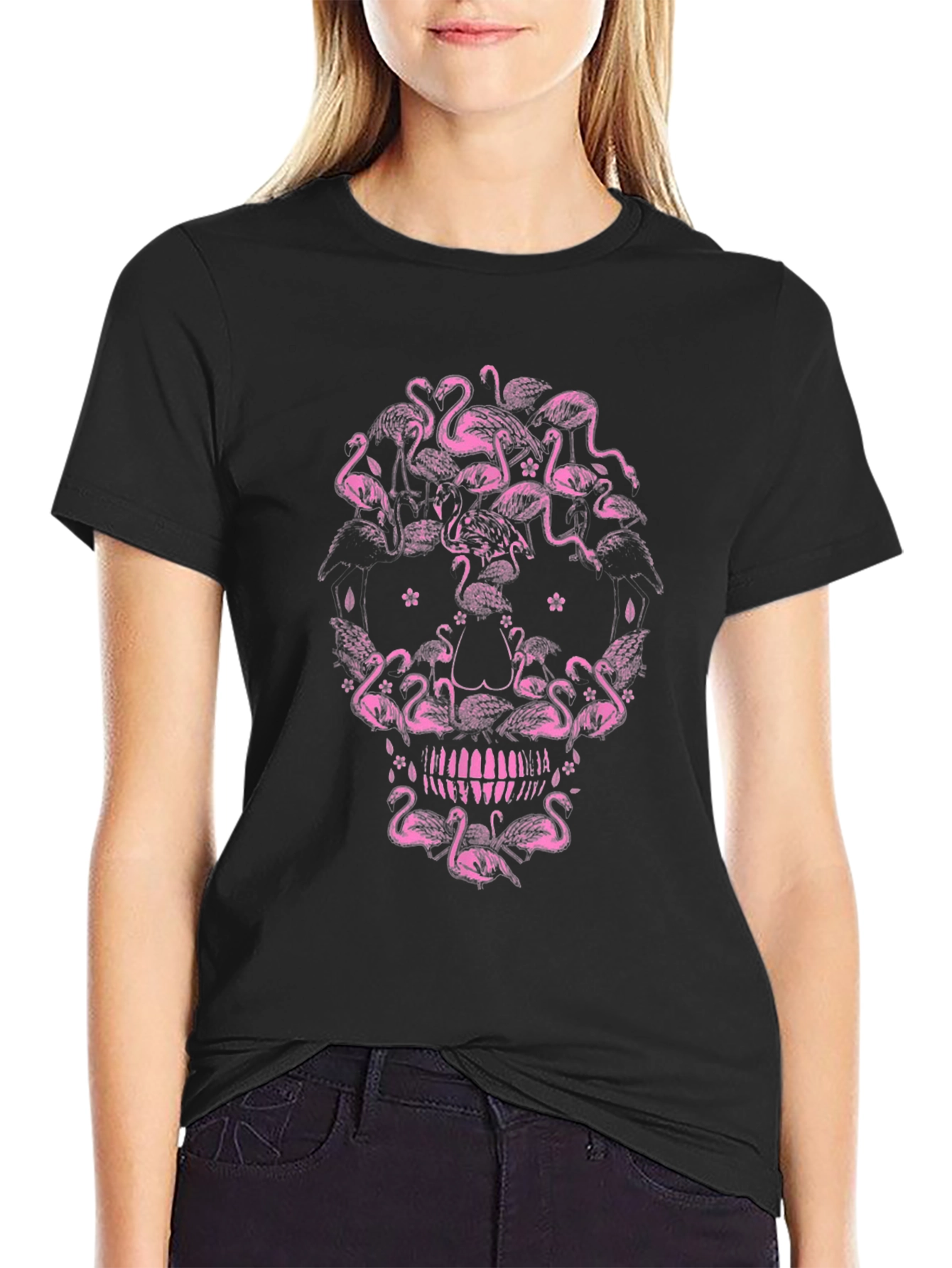 Flamingo Skull Graphic Tee - Unique Pink Design