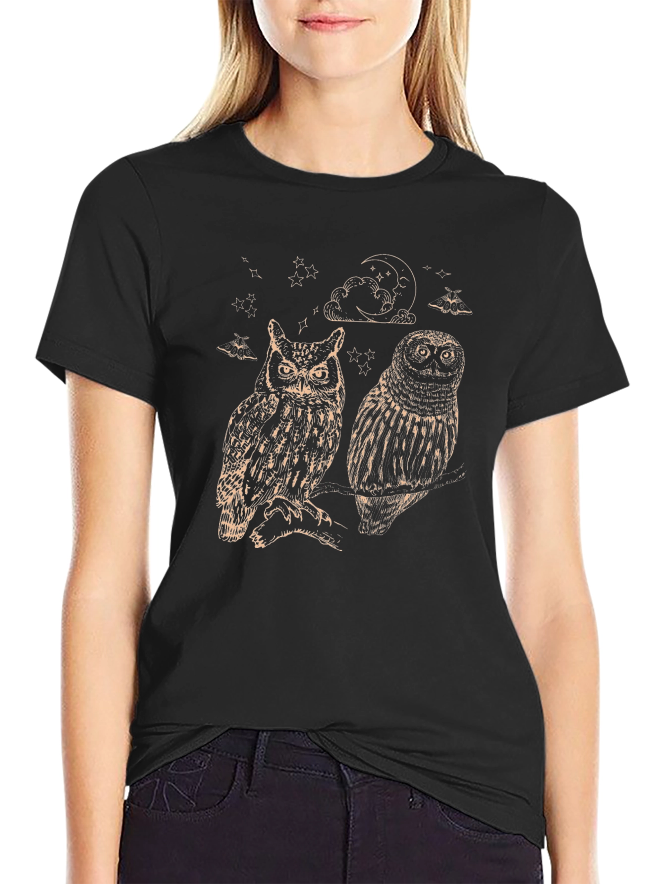 Two Owls Graphic Print Black T-Shirt
