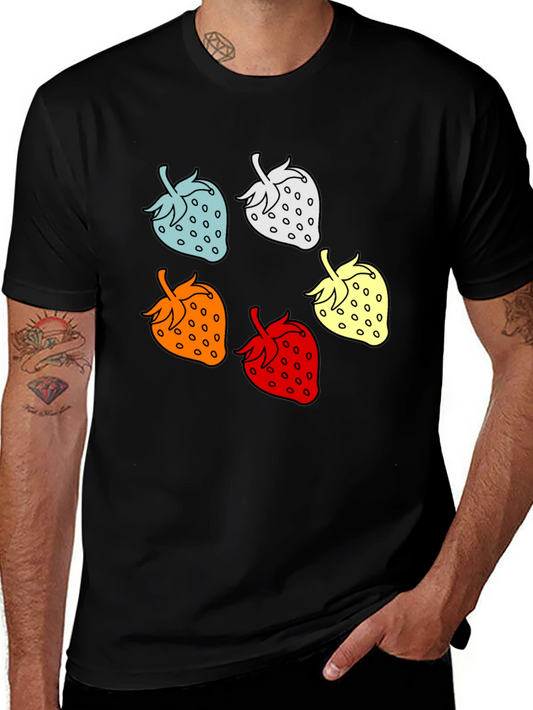 Colorful Strawberry Graphic Tee - Casual Black T-Shirt