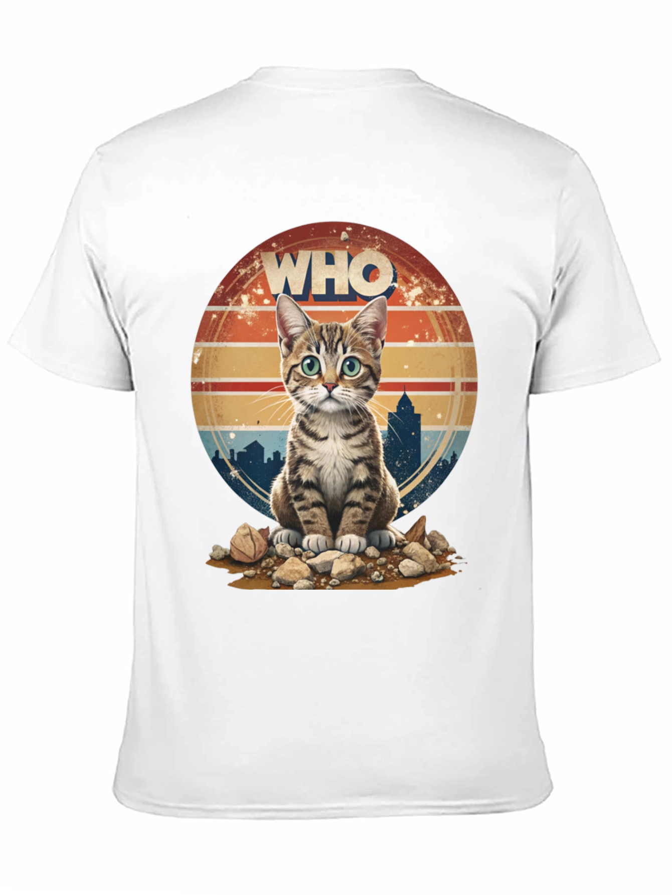 Who Cat T-Shirt - Cityscape Retro Style