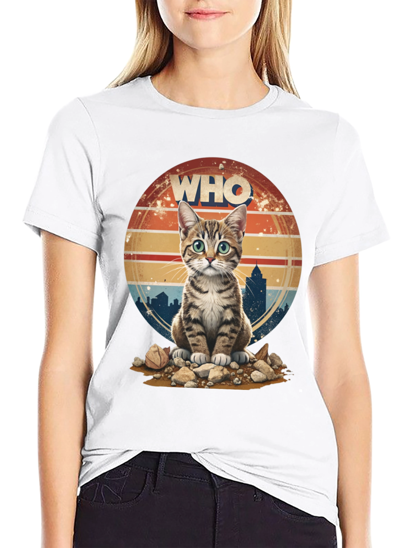 Who Cat T-Shirt - Cityscape Retro Style