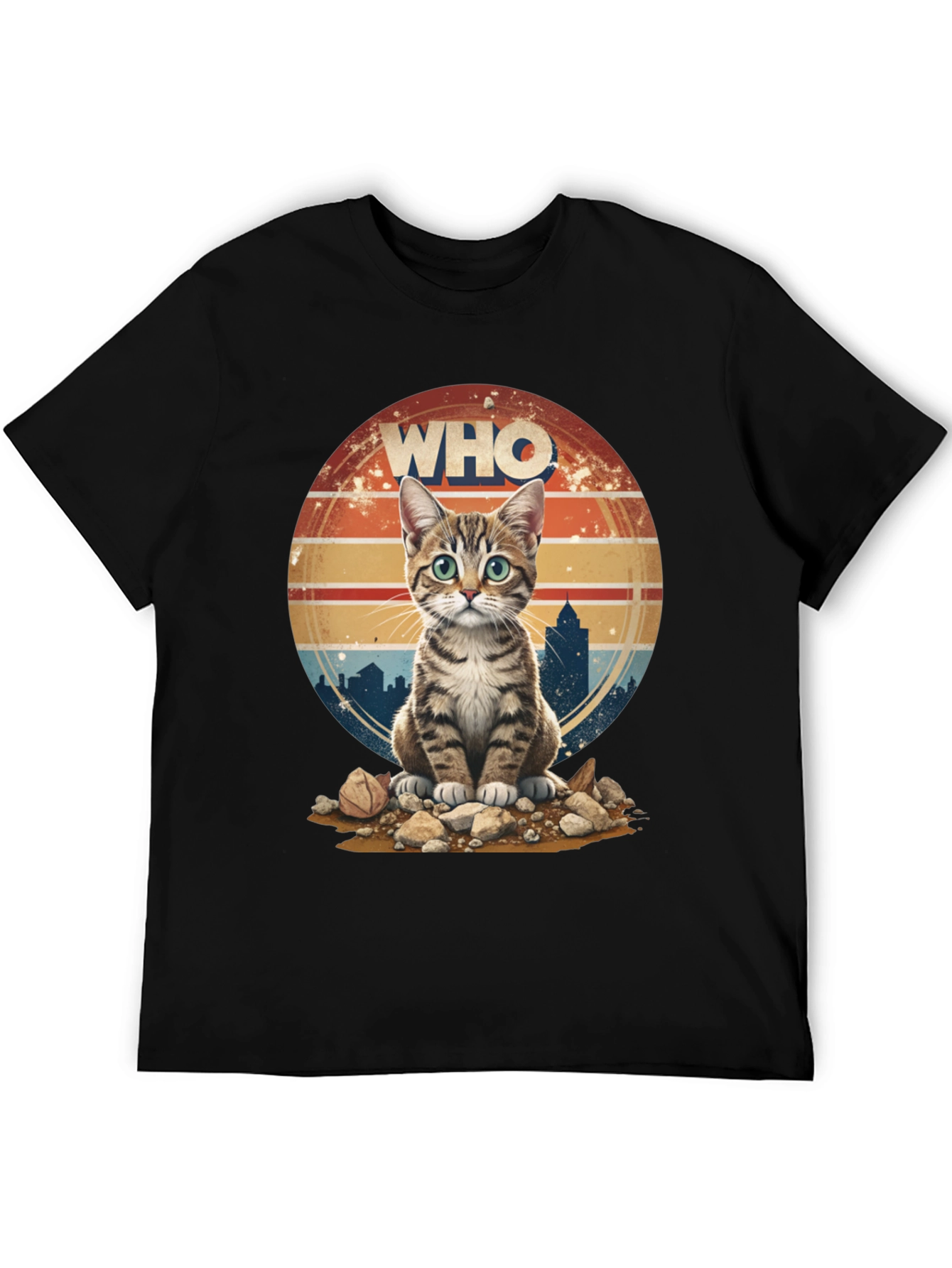 Who Cat T-Shirt - Cityscape Retro Style