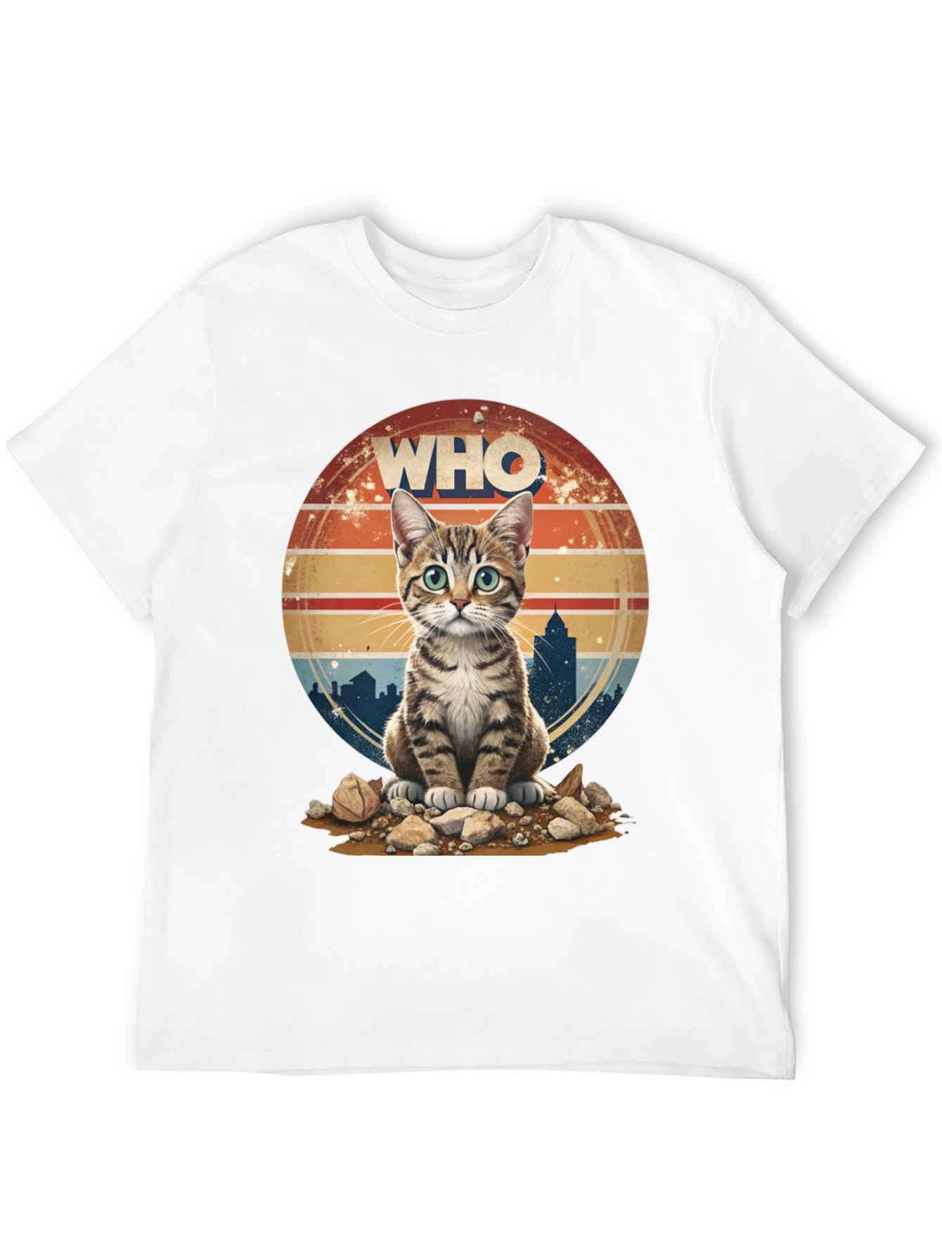 Who Cat T-Shirt - Cityscape Retro Style