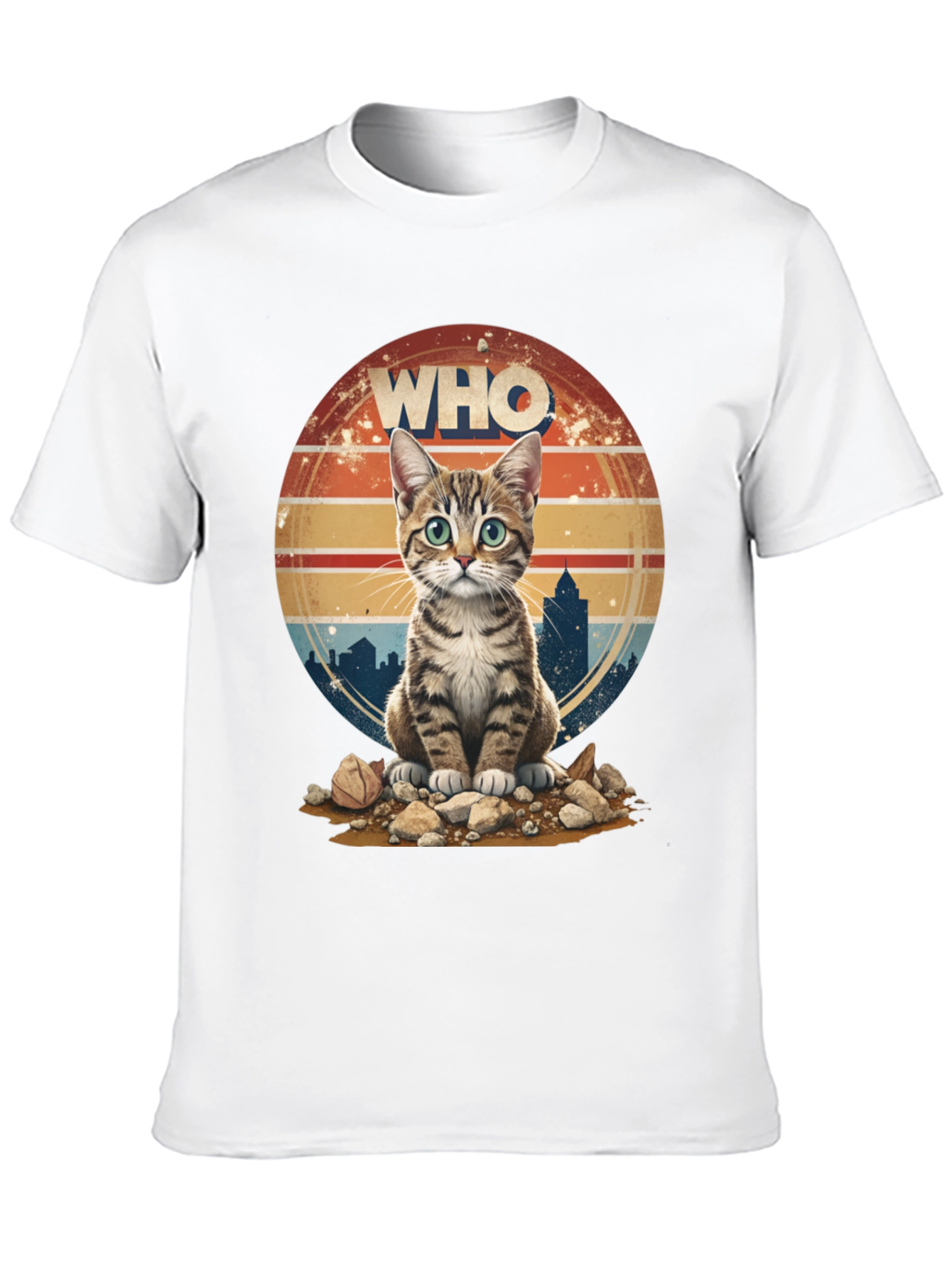 Who Cat T-Shirt - Cityscape Retro Style