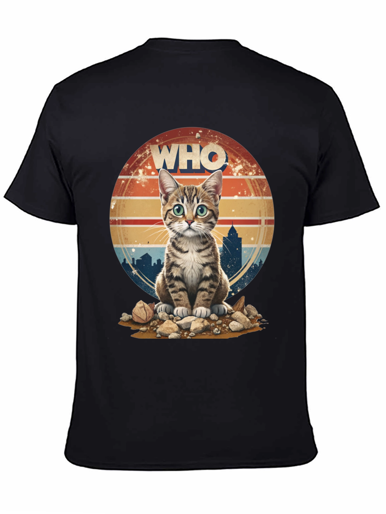 Who Cat T-Shirt - Cityscape Retro Style
