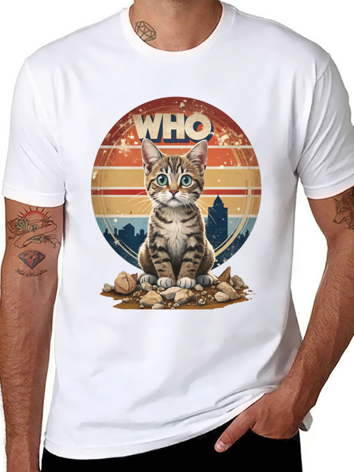 Who Cat T-Shirt - Cityscape Retro Style