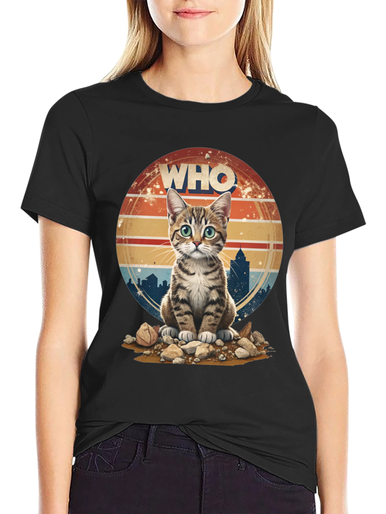 Who Cat T-Shirt - Cityscape Retro Style