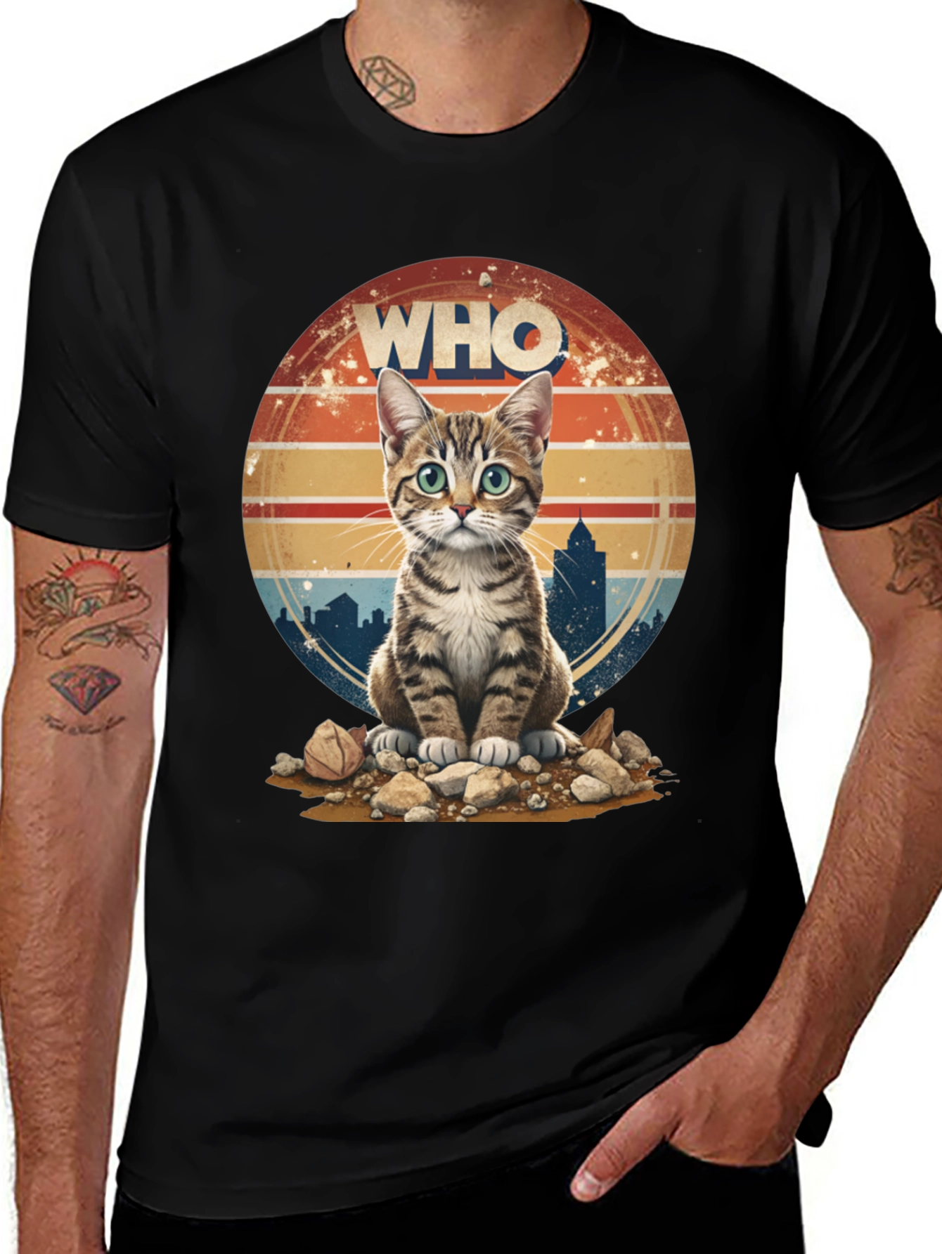 Who Cat T-Shirt - Cityscape Retro Style