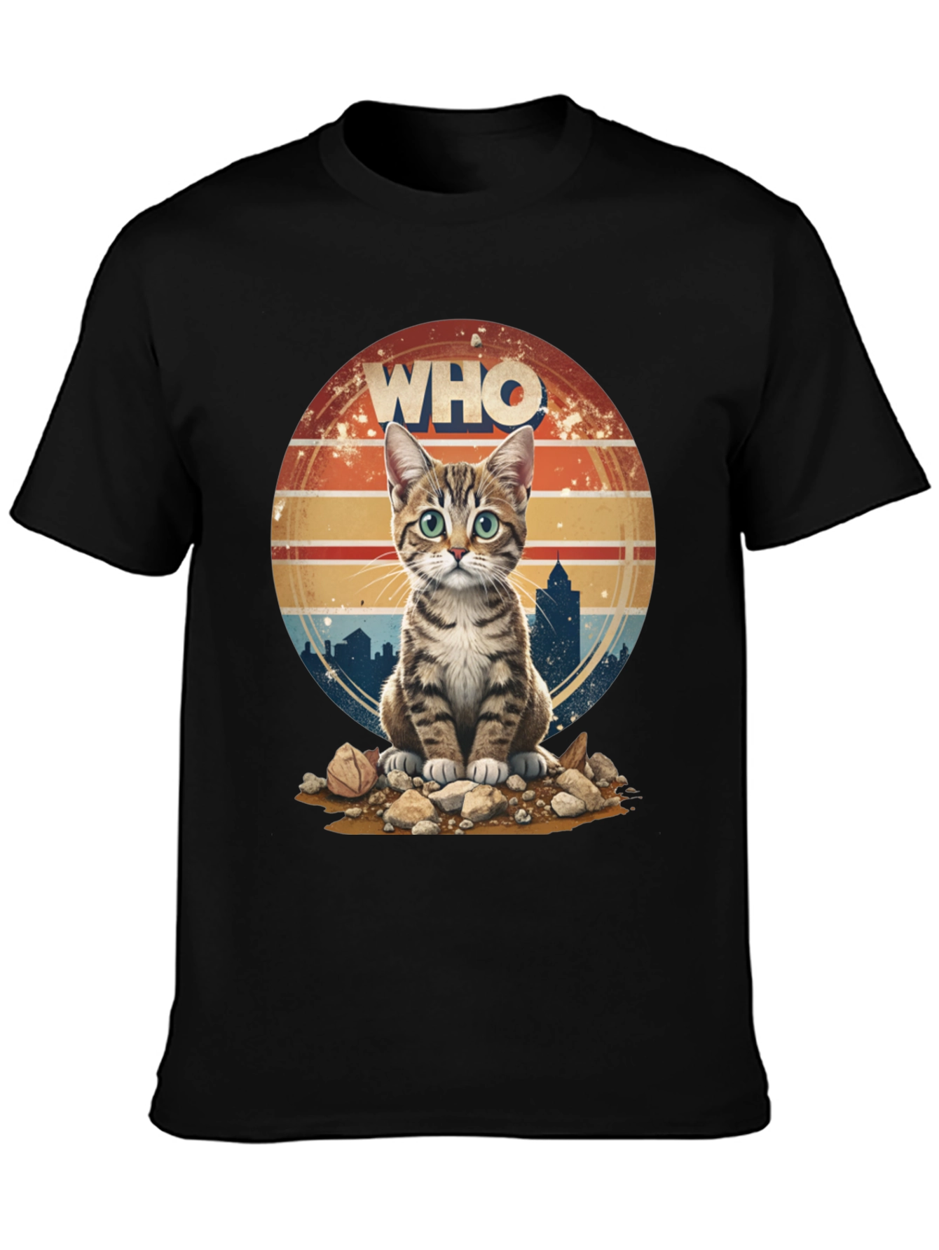 Who Cat T-Shirt - Cityscape Retro Style