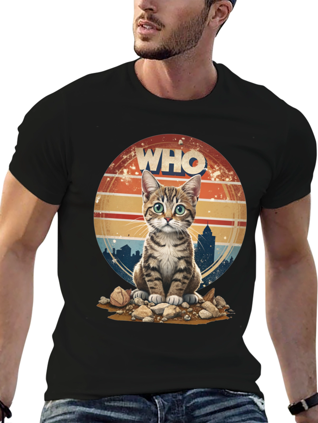 Who Cat T-Shirt - Cityscape Retro Style