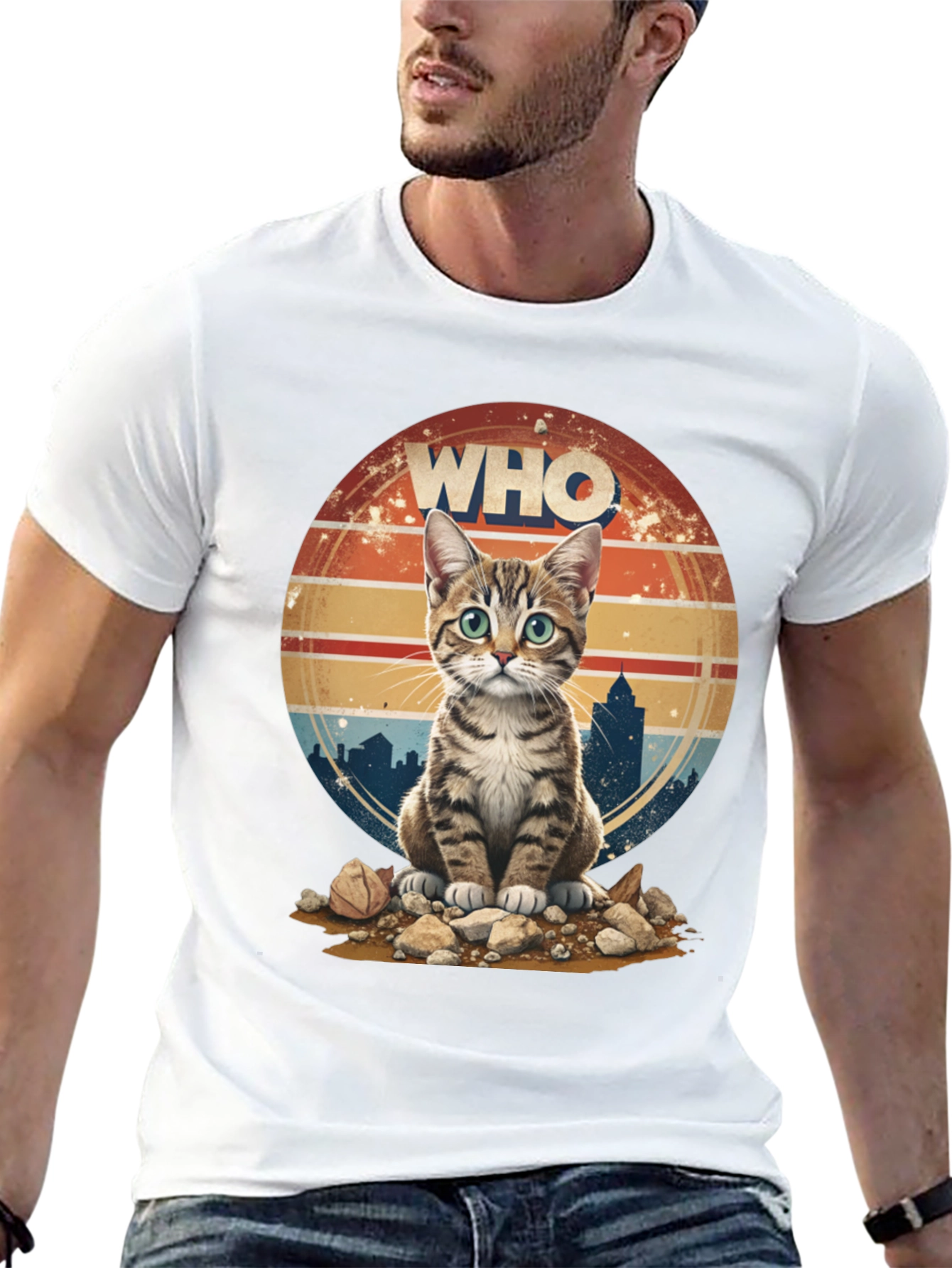 Who Cat T-Shirt - Cityscape Retro Style